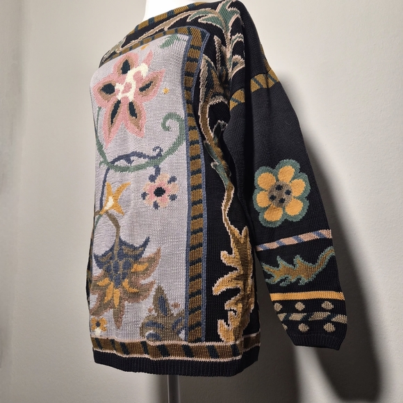 Peruvian Connection RARE Vintage 100% Pima Cotton Whimsical Floral Panel Sweater - Picture 2 of 6